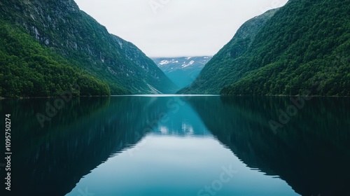 Fototapeta Naklejka Na Ścianę i Meble -  A beautiful lake surrounded by mountains with a clear blue sky in the background