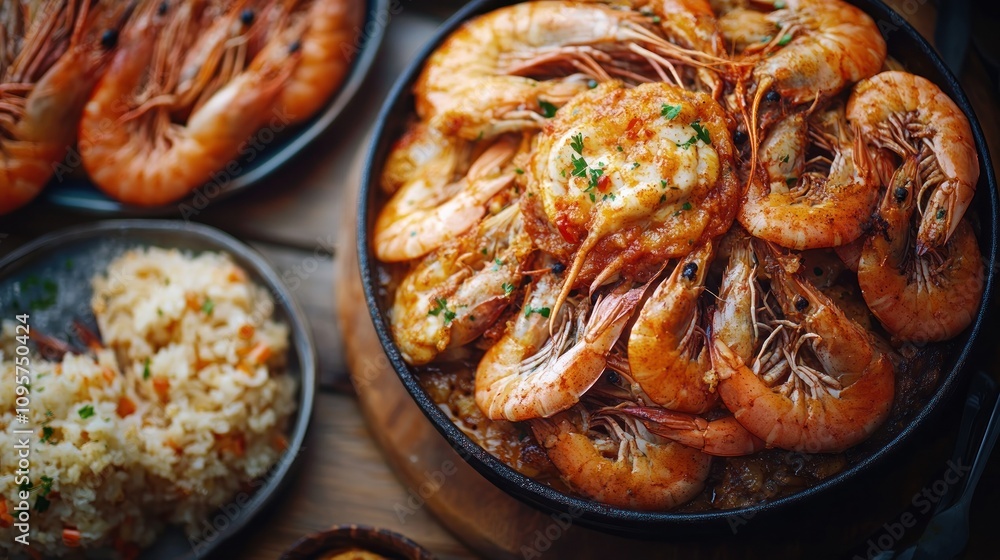 A delicious seafood dish featuring large shrimp and flavorful rice. A delicious seafood dish featuring large shrimp and flavorful rice.