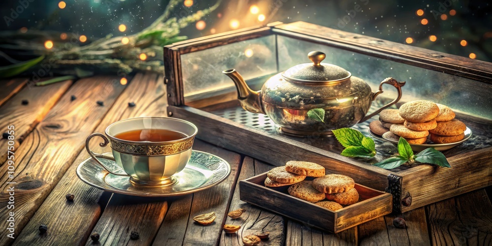 Enchanting Double Exposure Tea Set with Metal Cookie Box on Rustic Wooden Table - Perfect for Cozy Moments, Tea Lovers, and Culinary Inspiration Enchanting Double Exposure Tea Set with Metal Cookie Box on Rustic Wooden Table - Perfect for Cozy Moments, Tea Lovers, and Culinary Inspiration