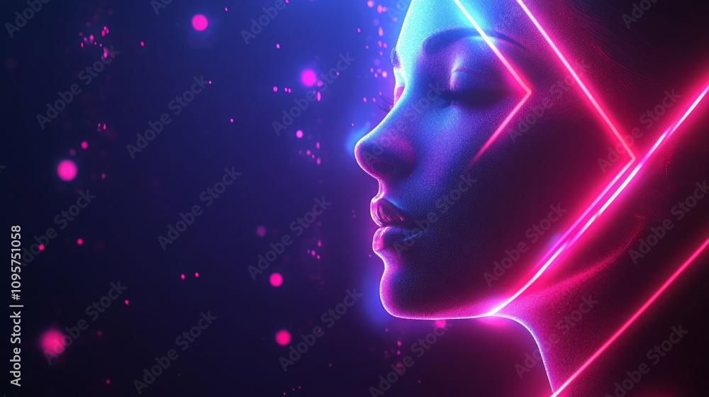 Neon light portrait of a woman's face, profile view, glowing in pink and blue. Neon light portrait of a woman's face, profile view, glowing in pink and blue.