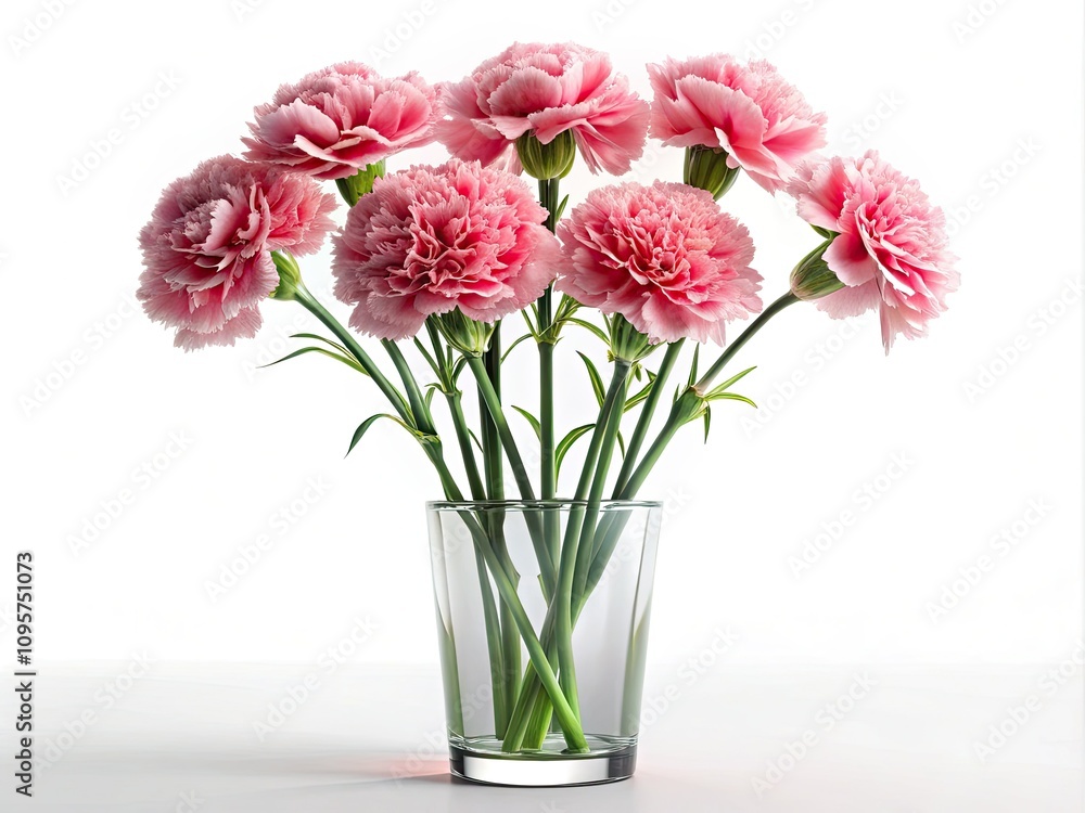 Fototapeta premium Elegant Bunch of Pink Carnations in High Glass Vase - 3D Render Illustration Perfect for Floral Decor, Home Aesthetics, and Digital Art Visuals