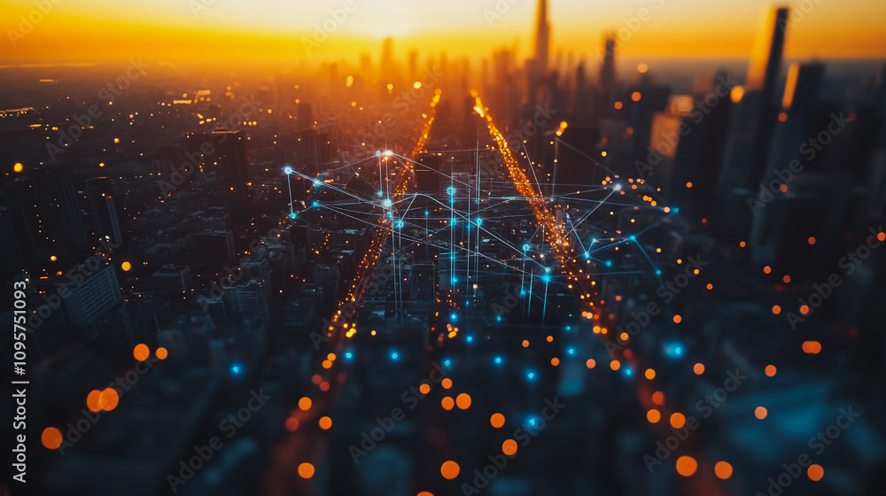Obraz premium Smart digital city with connection Innovation network reciprocity over the sunset cityscape Concept of future wireless digital city and social media networking systems that connects business people