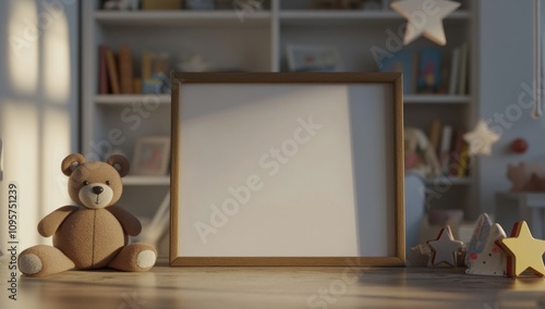 3D Rendering of Children's Room with Wooden Frame, Bear, and Star Decorations