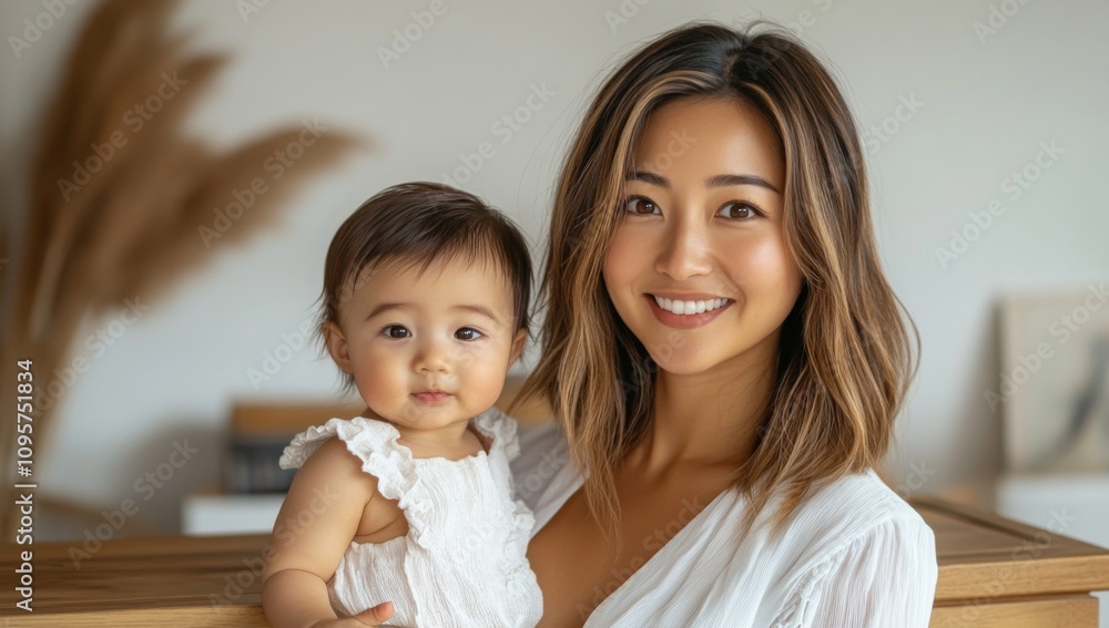 Beautiful Japanese Woman with Child Smiling at Camera on Wooden Desk Background Beautiful Japanese Woman with Child Smiling at Camera on Wooden Desk Background