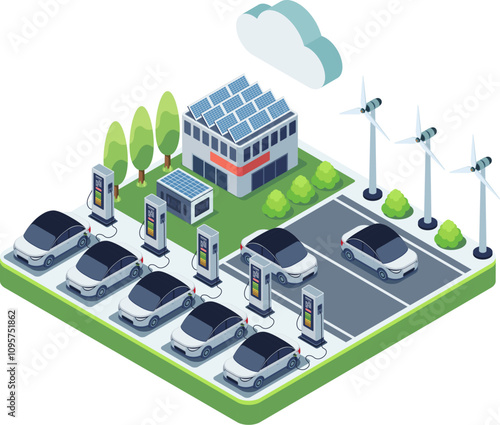 Isometric Electric Cars at EV Charging Station and Infrastructure