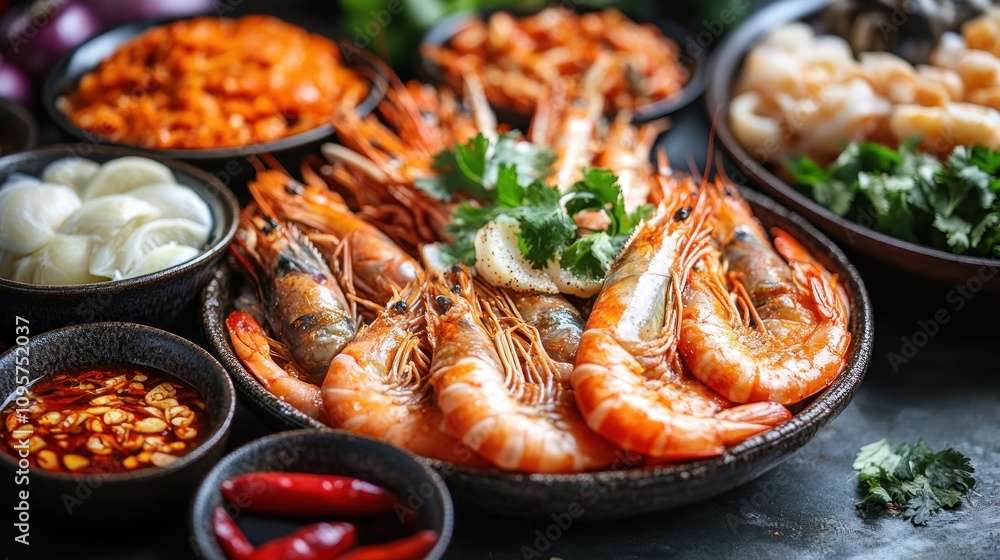 A vibrant seafood platter featuring shrimp, garnished with herbs and accompanied by sauces. A vibrant seafood platter featuring shrimp, garnished with herbs and accompanied by sauces.