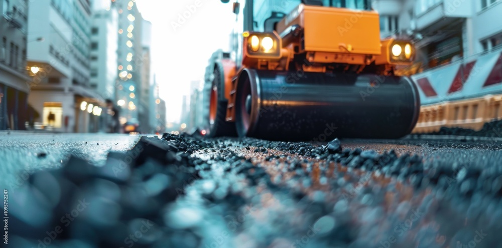 road construction, machinery, asphalt A close up view of a steamroller flattening fresh asphalt on a busy city street, surrounded by buildings under a cloudy sky, conveying industrial activity road construction, machinery, asphalt A close up view of a steamroller flattening fresh asphalt on a busy city street, surrounded by buildings under a cloudy sky, conveying industrial activity