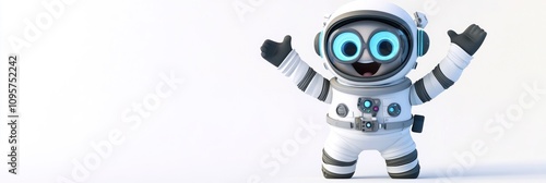 A cheerful cartoon astronaut with big eyes and a friendly pose.