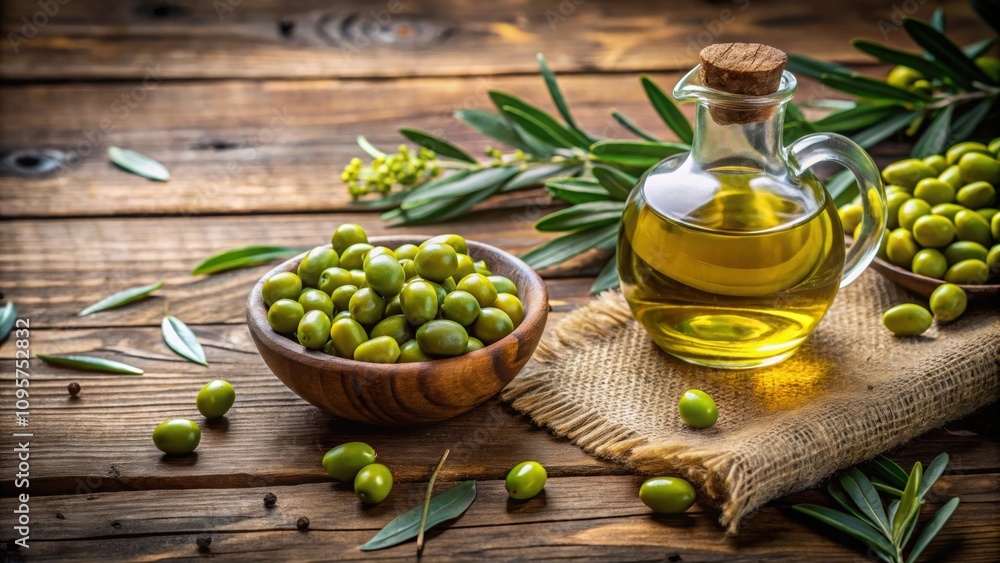 Green olives and olive oil dripping on a wooden floor, green olives, fresh, organic, healthy, olive oil, dripping Green olives and olive oil dripping on a wooden floor, green olives, fresh, organic, healthy, olive oil, dripping