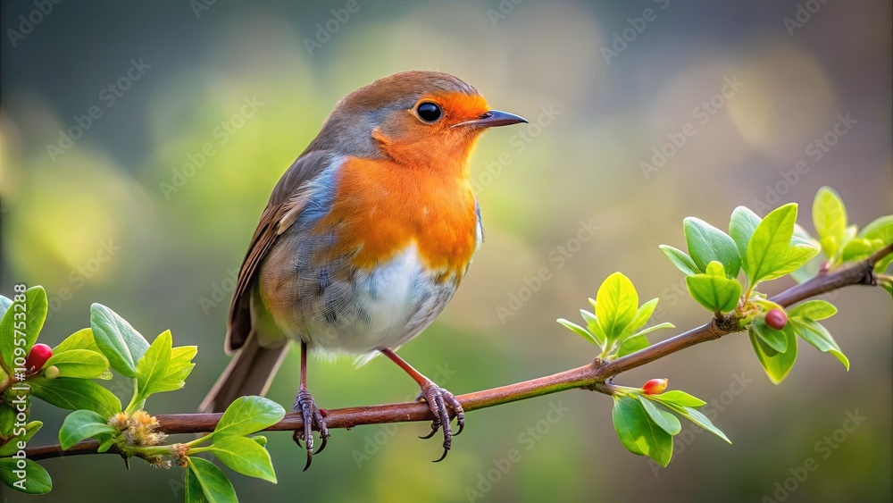 Close-Up of a Beautiful Robin Perched on a Green Branch with Soft Background Blurring in Nature During Spring or Summer Season Close-Up of a Beautiful Robin Perched on a Green Branch with Soft Background Blurring in Nature During Spring or Summer Season