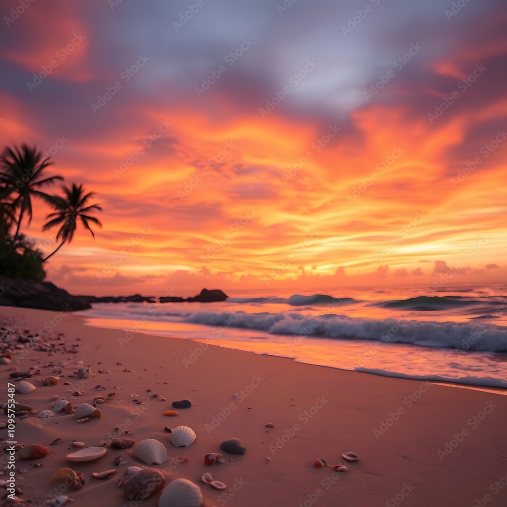 Obraz premium Tranquil Tropical Sunset Over Palm-Lined Beach with Colorful Sky Reflections