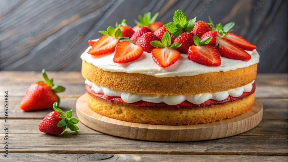 Vanilla sponge cake with cream cheese, topped with fresh strawberries Vanilla sponge cake with cream cheese, topped with fresh strawberries