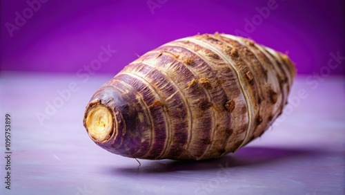 Close-up of taro root vegetable against a purple background, taro, root vegetable, eddo malanga, close-up, food photo