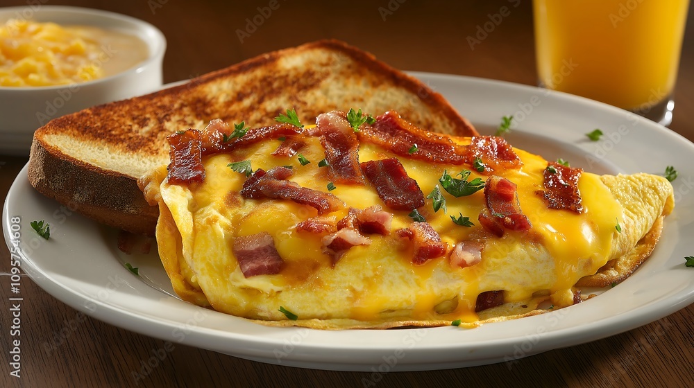 A delicious breakfast plate featuring a cheesy omelet with bacon, toast, and a side of creamy soup, complemented by a glass of orange juice. A delicious breakfast plate featuring a cheesy omelet with bacon, toast, and a side of creamy soup, complemented by a glass of orange juice.