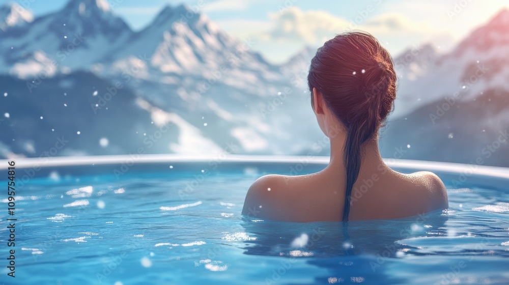 Woman relaxes in a hot tub. Perfect for websites, blogs, or travel brochures promoting spas or winter getaways. Woman relaxes in a hot tub. Perfect for websites, blogs, or travel brochures promoting spas or winter getaways.
