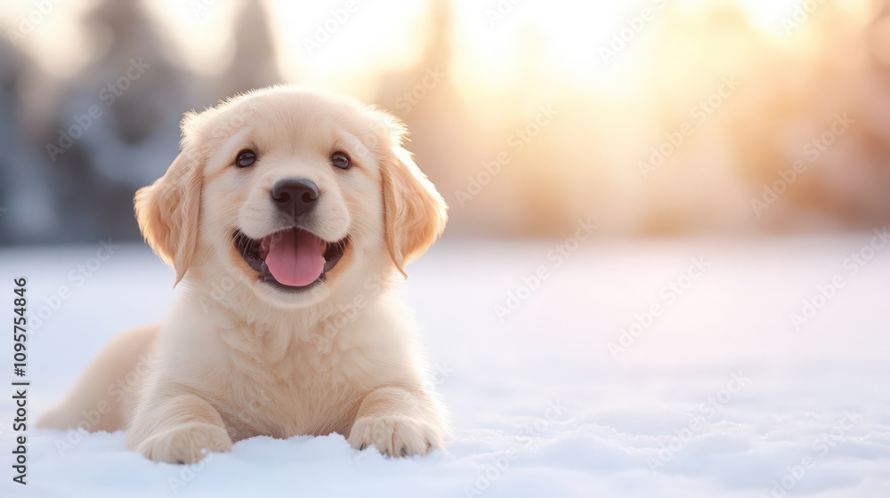 A small golden retriever puppy is laying in the snow A small golden retriever puppy is laying in the snow