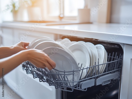 食器洗浄機にお皿をセットする手元のクローズアップ | Close-up of Hands Loading Dishes into a Dishwasher photo