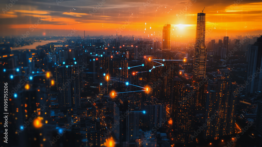 Fototapeta premium Smart digital city with connection Innovation network reciprocity over the sunset cityscape Concept of future wireless digital city and social media networking systems that connects business people