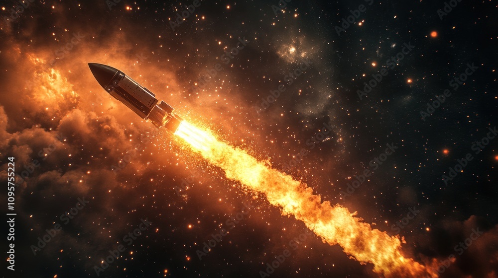 A rocket launches through space, surrounded by fiery trails and cosmic scenery. A rocket launches through space, surrounded by fiery trails and cosmic scenery.