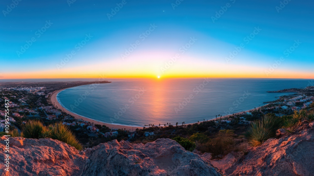 Fototapeta premium A beautiful sunset over the ocean with a beach in the background