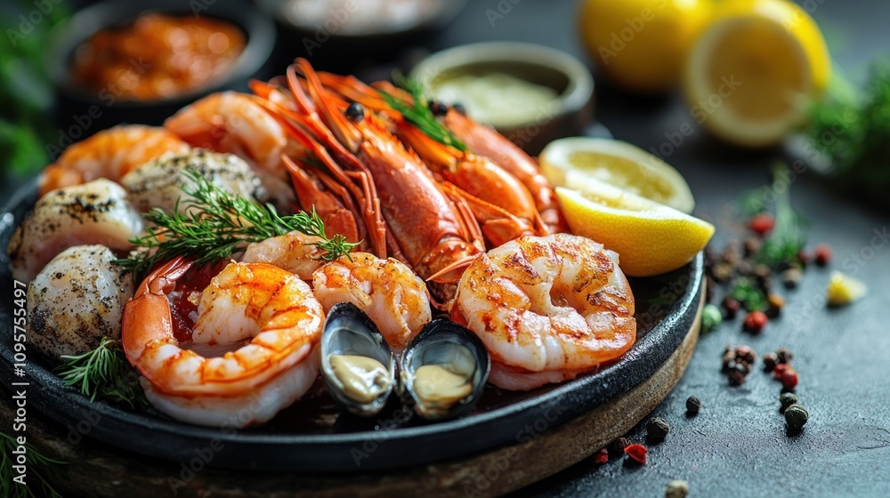 A vibrant seafood platter featuring shrimp, crab, and mussels garnished with herbs and lemon. A vibrant seafood platter featuring shrimp, crab, and mussels garnished with herbs and lemon.