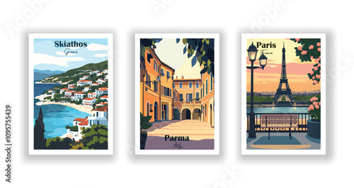 Paris, France. Parma, Italy. Skiathos, Greece - Vintage travel poster. High quality prints