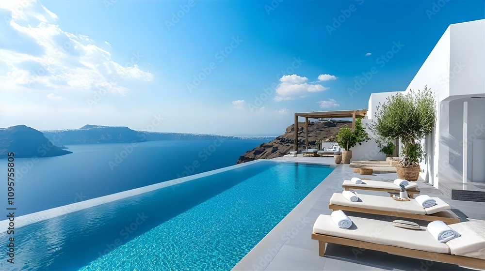 Fototapeta premium A stunning rooftop infinity pool with sun loungers, bathed in natural light, offers breathtaking panoramic views of the azure Mediterranean Sea