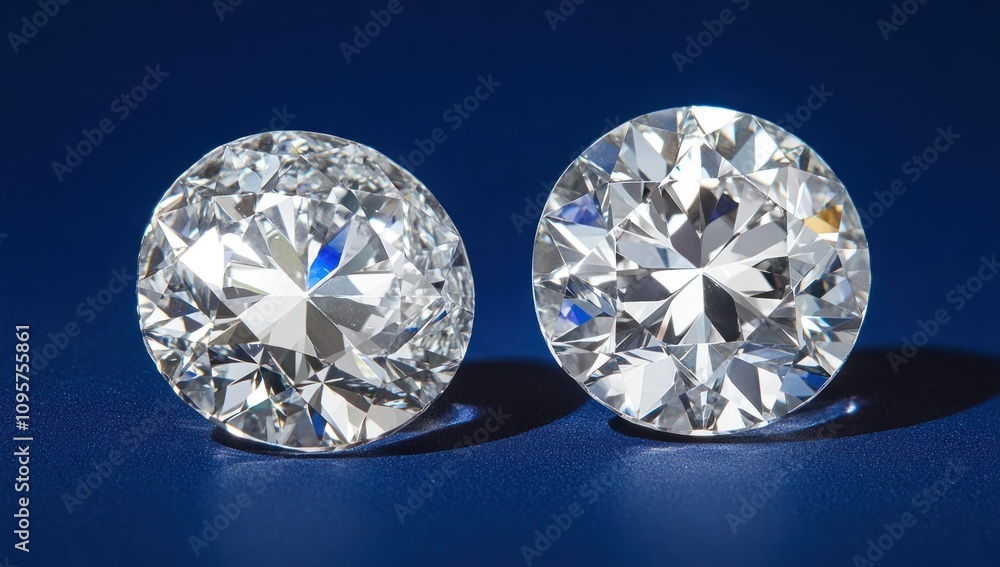 Two sparkling round-cut diamonds on a blue background, showcasing clarity and brilliance. Two sparkling round-cut diamonds on a blue background, showcasing clarity and brilliance.