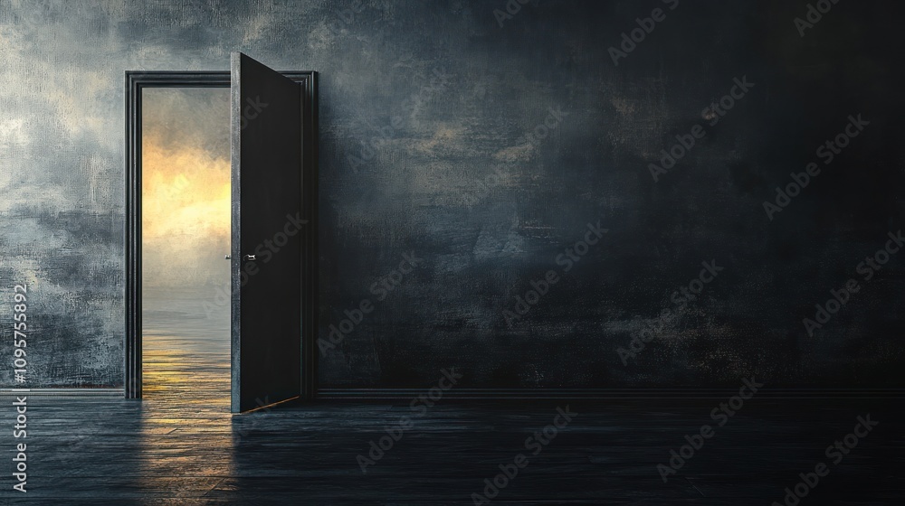 A dark room with an open door revealing a serene, glowing landscape beyond. A dark room with an open door revealing a serene, glowing landscape beyond.