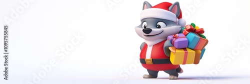 A cheerful cartoon wolf in a Santa outfit holding colorful Christmas presents.