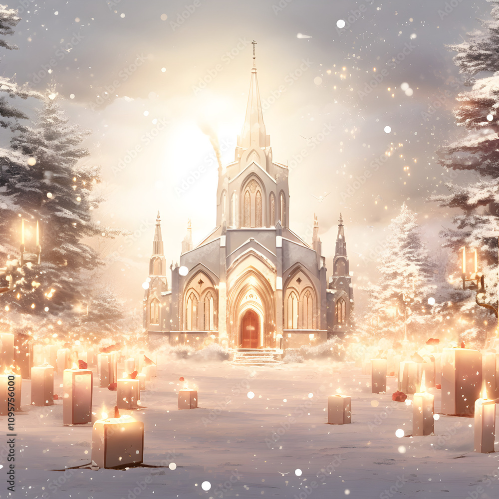 Obraz premium Painting of a christmas village with people skating and a church 
