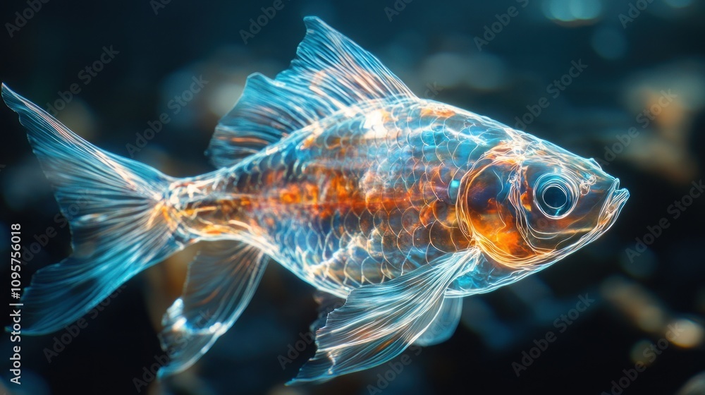 A translucent goldfish swimming gracefully in a dark aquatic environment. A translucent goldfish swimming gracefully in a dark aquatic environment.