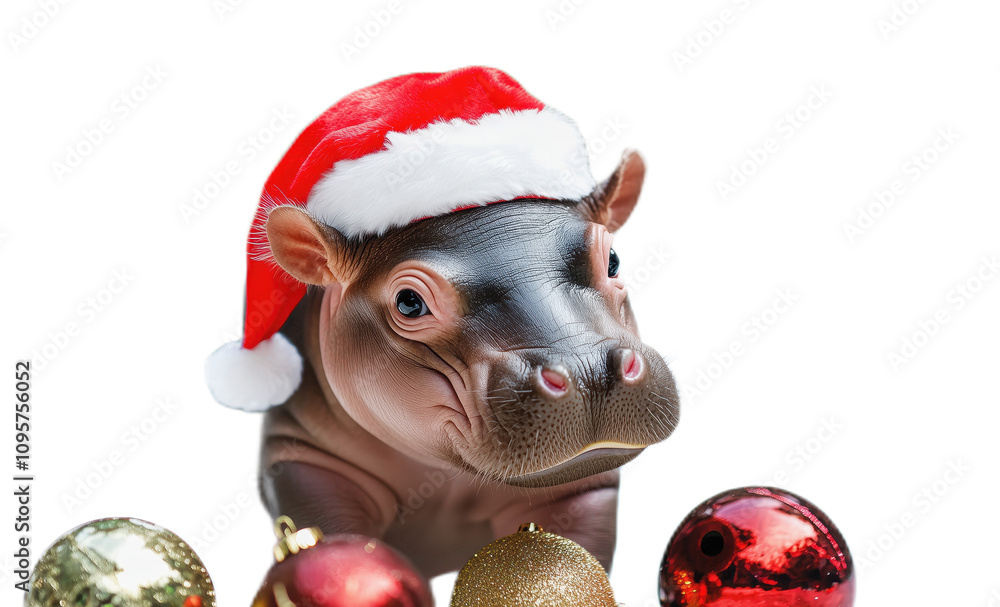 Adorable Baby Hippo with Santa Hat Surrounded by Colorful Christmas Ornaments, Perfect for Holiday-Themed Greetings and Festive Celebrations Adorable Baby Hippo with Santa Hat Surrounded by Colorful Christmas Ornaments, Perfect for Holiday-Themed Greetings and Festive Celebrations