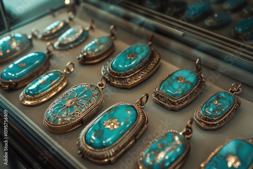 A collection of ornate jewelry featuring turquoise stones set in intricate metal designs.