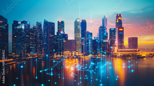 Wallpaper Mural Smart digital city with connection Innovation network reciprocity over the sunset cityscape Concept of future wireless digital city and social media networking systems that connects business people Torontodigital.ca