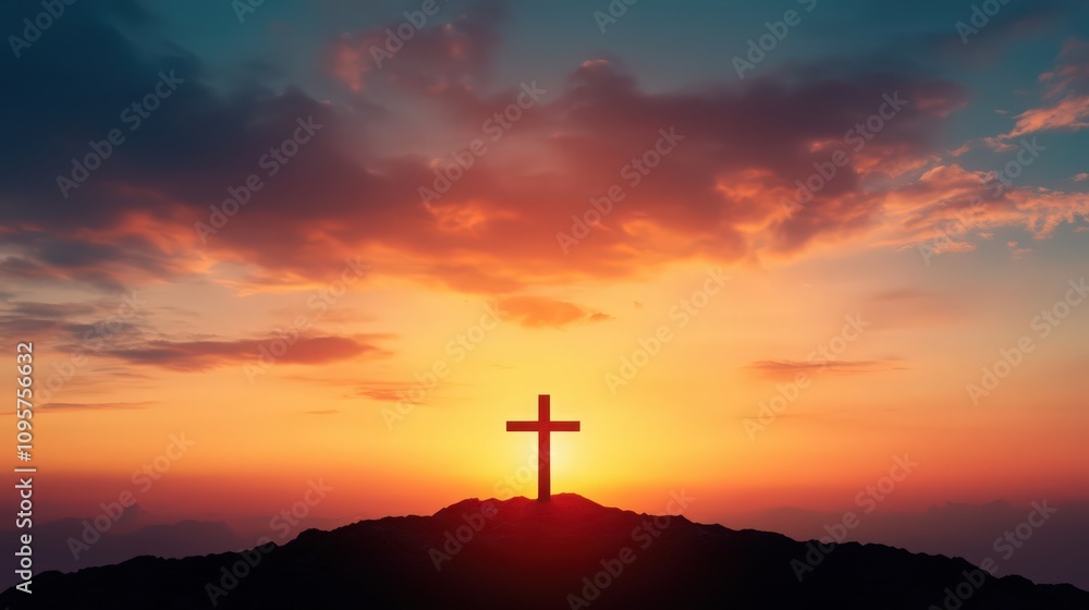 A cross is on a hill at sunset A cross is on a hill at sunset