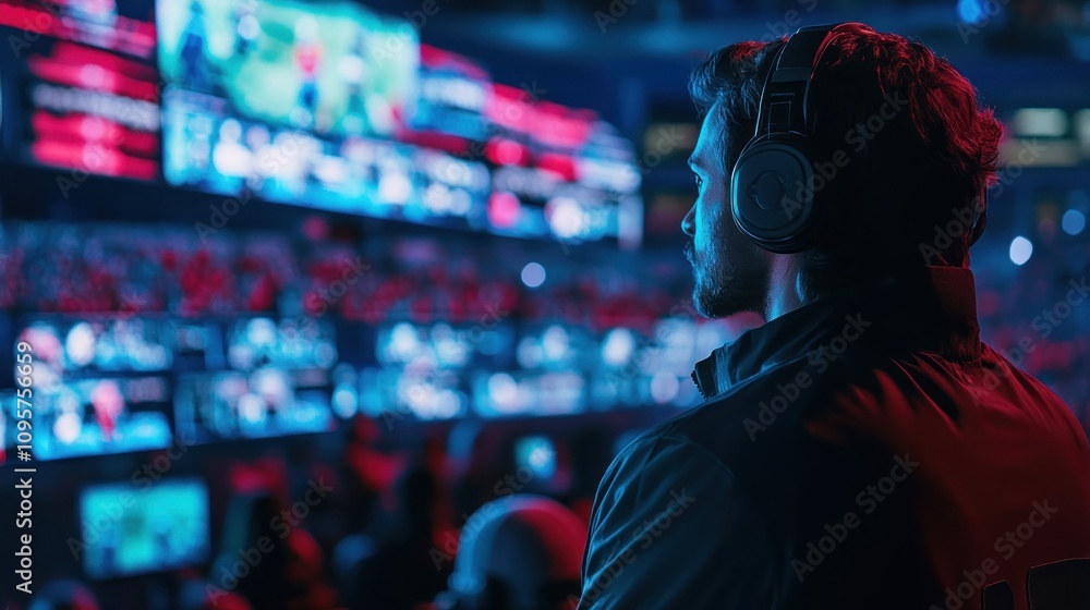 A gamer wearing headphones watches an esports event with vibrant screens in the background. A gamer wearing headphones watches an esports event with vibrant screens in the background.