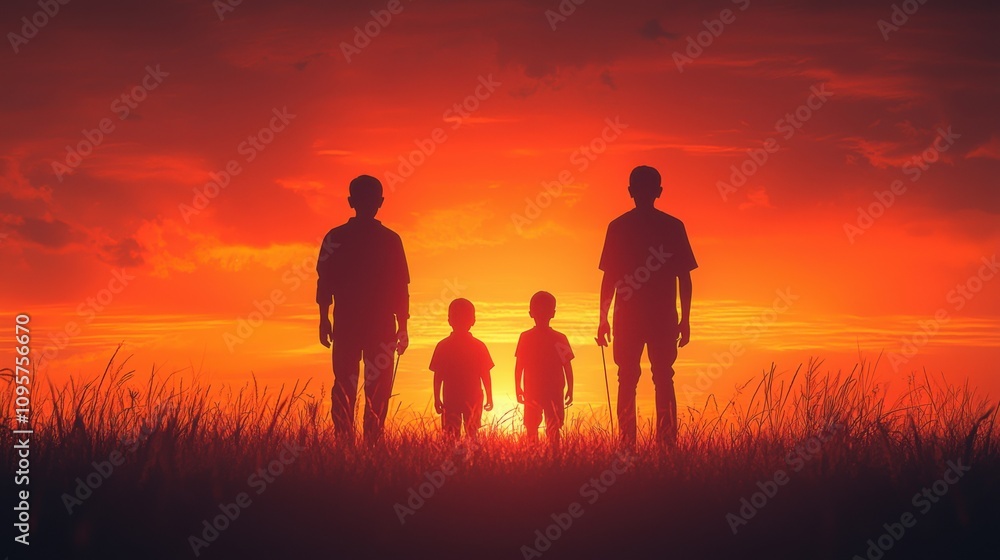Fototapeta premium Silhouette Family Sunset Fathers Sons Hope Unity