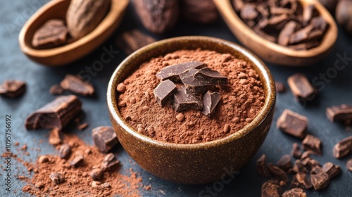 A bowl of cocoa powder surrounded by chocolate pieces and cocoa beans, emphasizing culinary use.