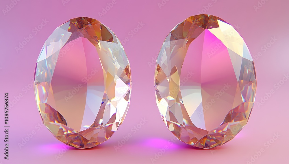 Two sparkling oval gemstones on a soft pink background. Two sparkling oval gemstones on a soft pink background.