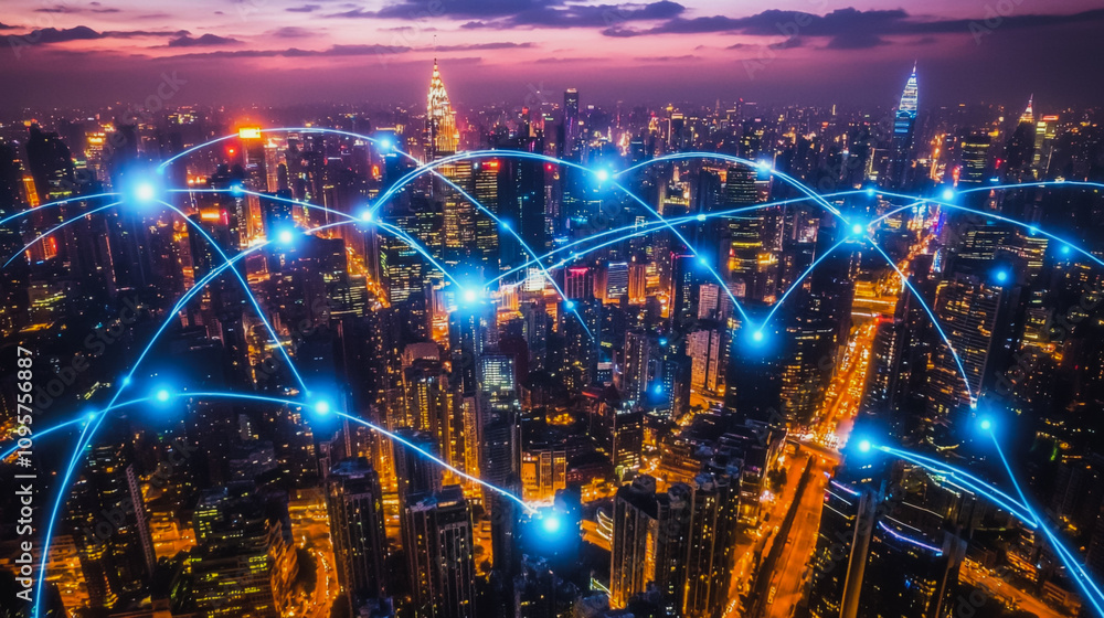 Obraz premium Smart digital city with connection Innovation network reciprocity over the sunset cityscape Concept of future wireless digital city and social media networking systems that connects business people