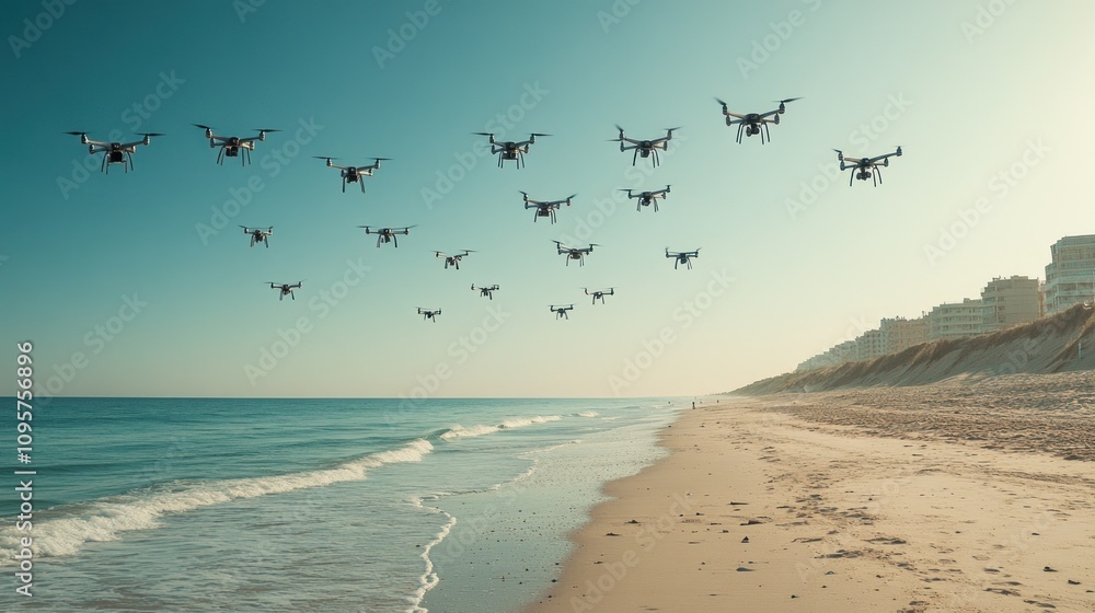 Fototapeta premium A beach scene with multiple drones flying over the shoreline.
