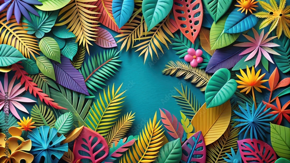 Colorful tropical garden abstract pattern design with intricate paper-cutting art style, tropical, garden Colorful tropical garden abstract pattern design with intricate paper-cutting art style, tropical, garden