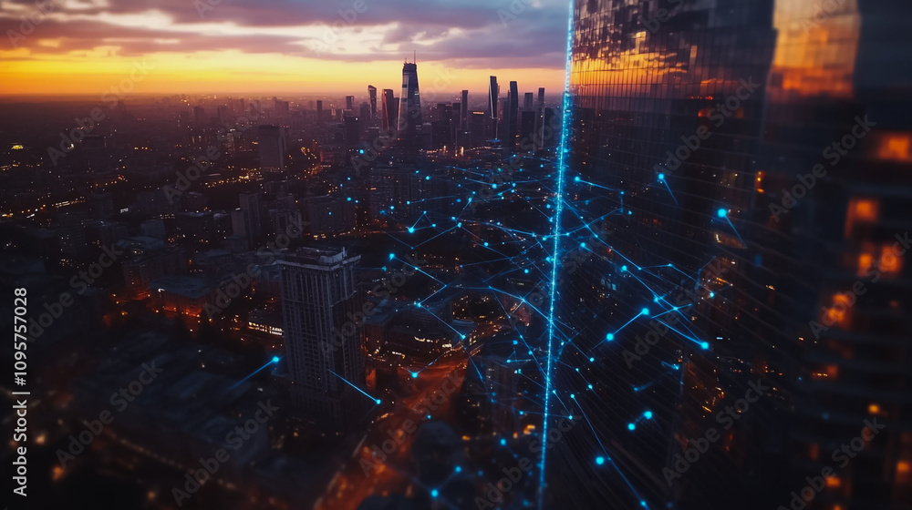 Fototapeta premium Smart digital city with connection Innovation network reciprocity over the sunset cityscape Concept of future wireless digital city and social media networking systems that connects business people