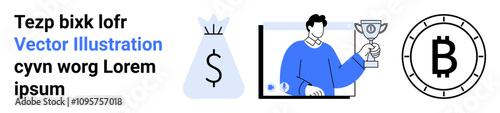 Money bag with dollar symbol, person holding a trophy, Bitcoin symbol. Ideal for financial success, achievement, cryptocurrency, business growth, fintech, investments, landing page