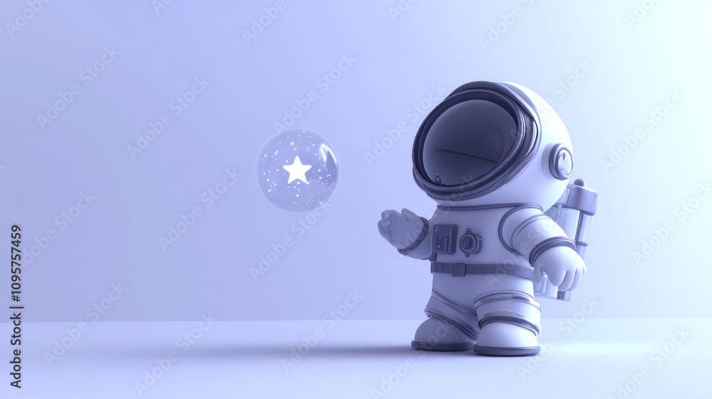 A cute astronaut figure gazes at a floating bubble containing a star. A cute astronaut figure gazes at a floating bubble containing a star.