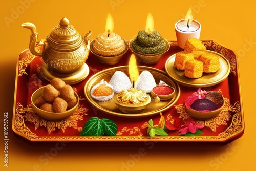 A lavish Indian Thali with sweets and offerings. Perfect for Diwali, festivals, or religious celebrations. photo