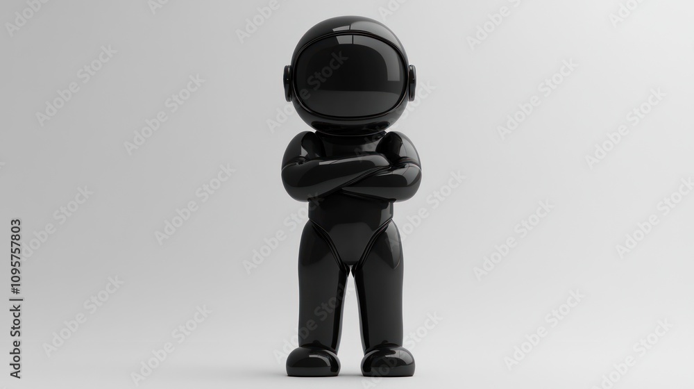 A glossy black humanoid figure stands confidently with arms crossed against a light background. A glossy black humanoid figure stands confidently with arms crossed against a light background.