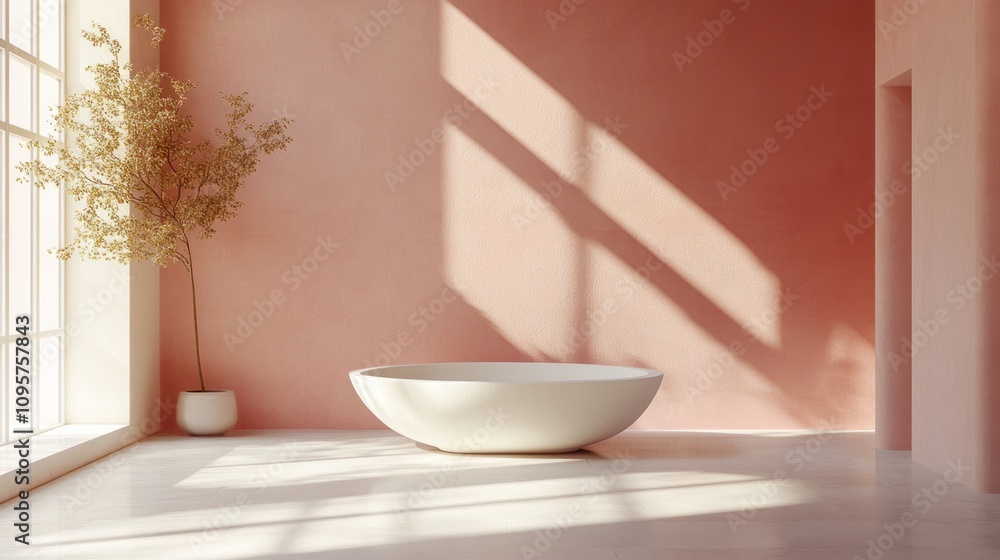 A minimalist bathroom featuring a sleek bathtub and a decorative plant against a pink wall. A minimalist bathroom featuring a sleek bathtub and a decorative plant against a pink wall.