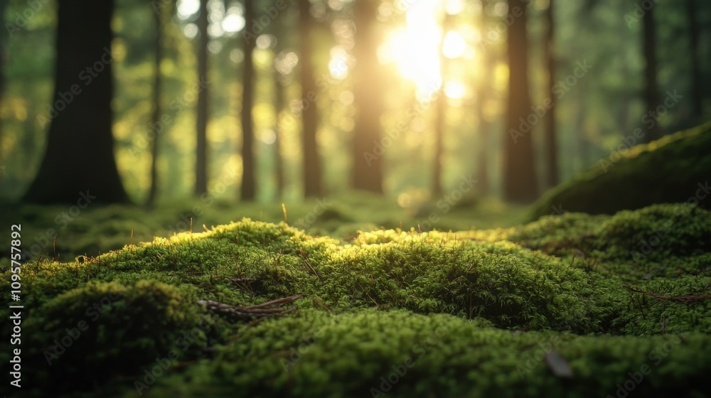 A patch of green moss in a sun-dappled forest. A patch of green moss in a sun-dappled forest.